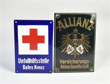 Unfallhilfsstelle Rotes Kreuz & Allianz Versicherung, 2x Emailleschild