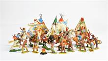 Elastolin, 19 Wild West und Indianer Figuren, 7 Reiter , 4 Zelte, Totenpfahl und Lagerfeuer