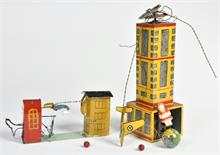 Arnold HM, 3 verschiedene Teile: Turm mit Fliegerspiel, Artistenspiel und Püppchen auf Globus