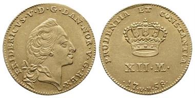 Dänemark, Frederik V., 1746-1766, Kurant Dukat (12 Mark), 1758, Kopenhagen, Fb 269, Hede 22 C, Gold