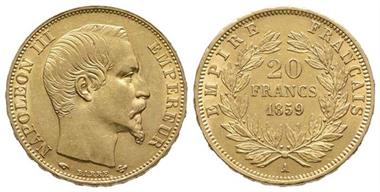Frankreich, Napoleon III., 1852-1870, 20 Francs, 1859, A., Paris, Fb. 573, Gold