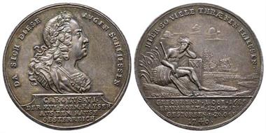 Karl VI., 1711-1740, Silbermedaille, 1741, auf seinen Tod und den Krieg in Schlesien, Mont. 1636
