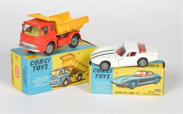 Corgi Toys, Marcos 1800 G.T. Nr 324 + Bedford Tipper Truck Nr 494