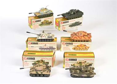 Corgi Toys, Tiger Panzer, Centurian Tank, A 60 AL Panzer, Chieftain Medium Panzer, King Tiger Panzer + SU 100 Panzer