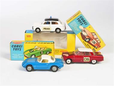 Corgi Toys, Sunbeam Imp. Police, Rover 2000 Monte Carlo + Lotus Elan Coupe