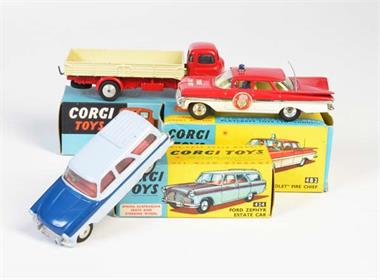 Corgi Toys, Chevrolet Fire Chief, Ford Zephyr Estate Car + Commer 5 Tone Dropside Lorry