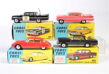 Corgi Toys, Chevrolet State Patrol, Mercedes 220 SE Coupe, Citroen DS 19 + Chevrolet Impala