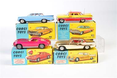 Corgi Toys, Studebaker Golden Hawk, Chevrolet Corvette, Chevrolet Taxi + Chevrolet Impala