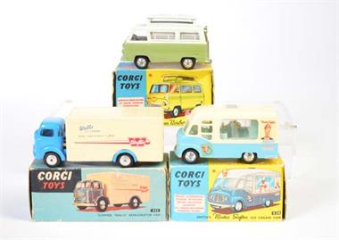 Corgi Toys, Ice Cream Van, Ford Thames Caravan + Commer Van