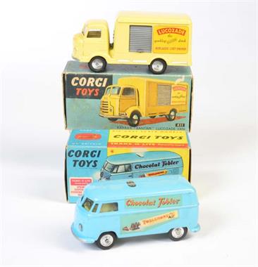 Corgi Toys, VW Bus "Toblerone" + Carrier Bantam Lucozade Van