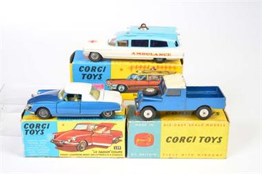 Corgi Toys, Land Rover 109 WB, Cadillac Super Ambulance + Citroen Le Dandy Coupe
