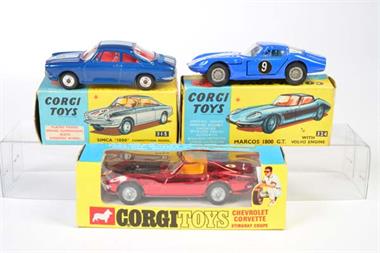 Corgi Toys, Chevrolet Corvette, Simca 1000 + Marcos 1800 GT