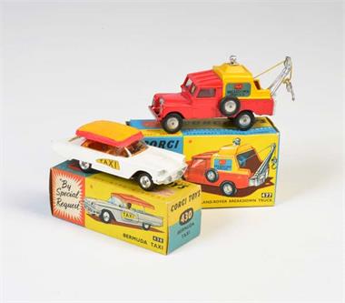 Corgi Toys, Land Rover Breakdown Truck + Bermuda Taxi Ford Thunderbird