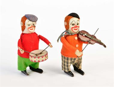 Schuco, Clown mit Trommel + Clown mit Geige