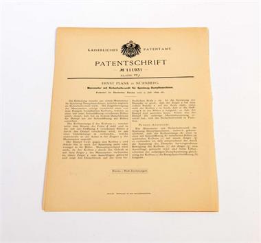 Plank, Patentschrift 7.7.1899 "Manometer mit Sicherheitsventil für Spielzeug Dampfmaschinen"