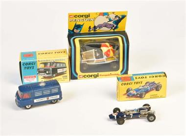 Corgi Toys, Penguinmobile, Cooper Maserati F 1 + Commer Police Van