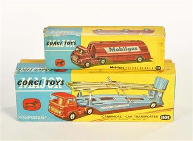 Corgi Toys, 2x Originalkarton 1110 Mobilgas Petrol Tanker + 1105 Car Transporter
