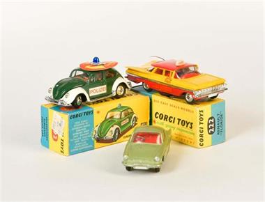 Corgi Toys, Renault Floride, VW Käfer Police + Chevrolet Impala Taxi