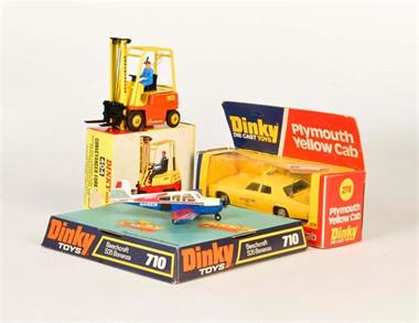 Dinky Toys, Plymouth Yellow Cab Beachcraft + Fork Lift Truck