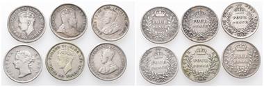 Großbritannien, 4 Pence 1891, 1903, 1916 (West Indien) und 4 Pence 1918, 1942, 1944 (Guayana) Gesamt: 6 Stück