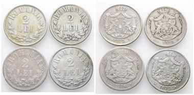 Rumänien, Carol I. 1866-1914, 2 Lei 1872, 1873, 1875 und 1876. 4 Stück