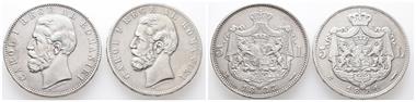 Rumänien, Carol I. 1866-1914, 5 Lei 1881 und 1883 B, 2 Stück