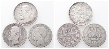 Rumänien, Carol I. 1866-1914, 50 Bani 1884, 1894 und 1901. 3 Stück