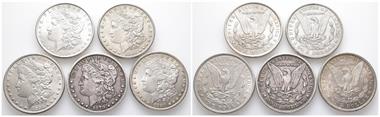 Vereinigte Staaten von Amerika (USA), Morgan Dollar 1879, 1880, 1884, 1889, 1896 (alle Philadelphia). 5 Stück