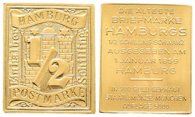 Hamburg, Stadt, 1/2 Schilling (6 Pfennig) 1859. Hamburger Postmarke in Gold