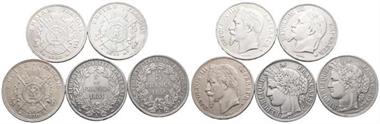 Frankreich, Königreich. 5 Francs 1850, 1851, 1868 (2x), 1870