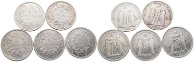 Frankreich, Königreich, 5 Francs 1873 (2x), 1874 (2x), 1875