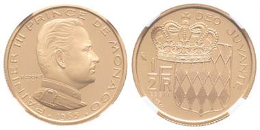 Monaco, Rainier III. 1949-2005, 1/2 Francs 1965. Probe Essai in Gold.