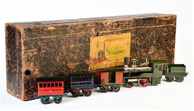 Bing, Eisenbahnpackung mit Spirituslok, Tender + 3 Wagen