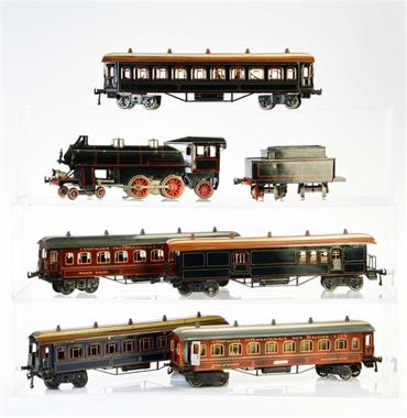 Bing, Dampflokomotive (60 cm) + 5 Wagen mit Inneneinrichtung