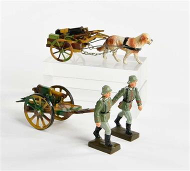 Hausser/Elastolin, Soldaten mit MG + Handfuhrwerk mit Hund