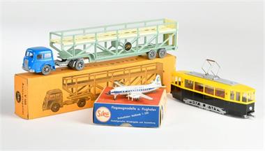 Siku, V 100 Sattelschlepper Autotransporter, Straßenbahn + Viscount Flugzeug 814
