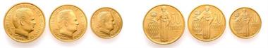 Monaco, Rainier III. 1949-2005, Set von Essai-Prägungen 1962. 50, 20 und 10 Centimes 1962 in Gold