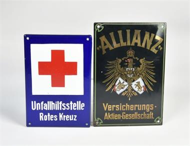 Unfallhilfsstelle Rotes Kreuz & Allianz Versicherung, 2x Emailleschild