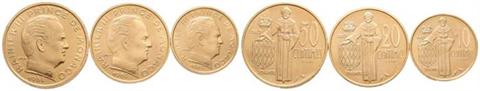 Monaco, Rainier III. 1949-2005, Set von Essai-Prägungen 1962. 50, 20 und 10 Centimes 1962 in Gold.